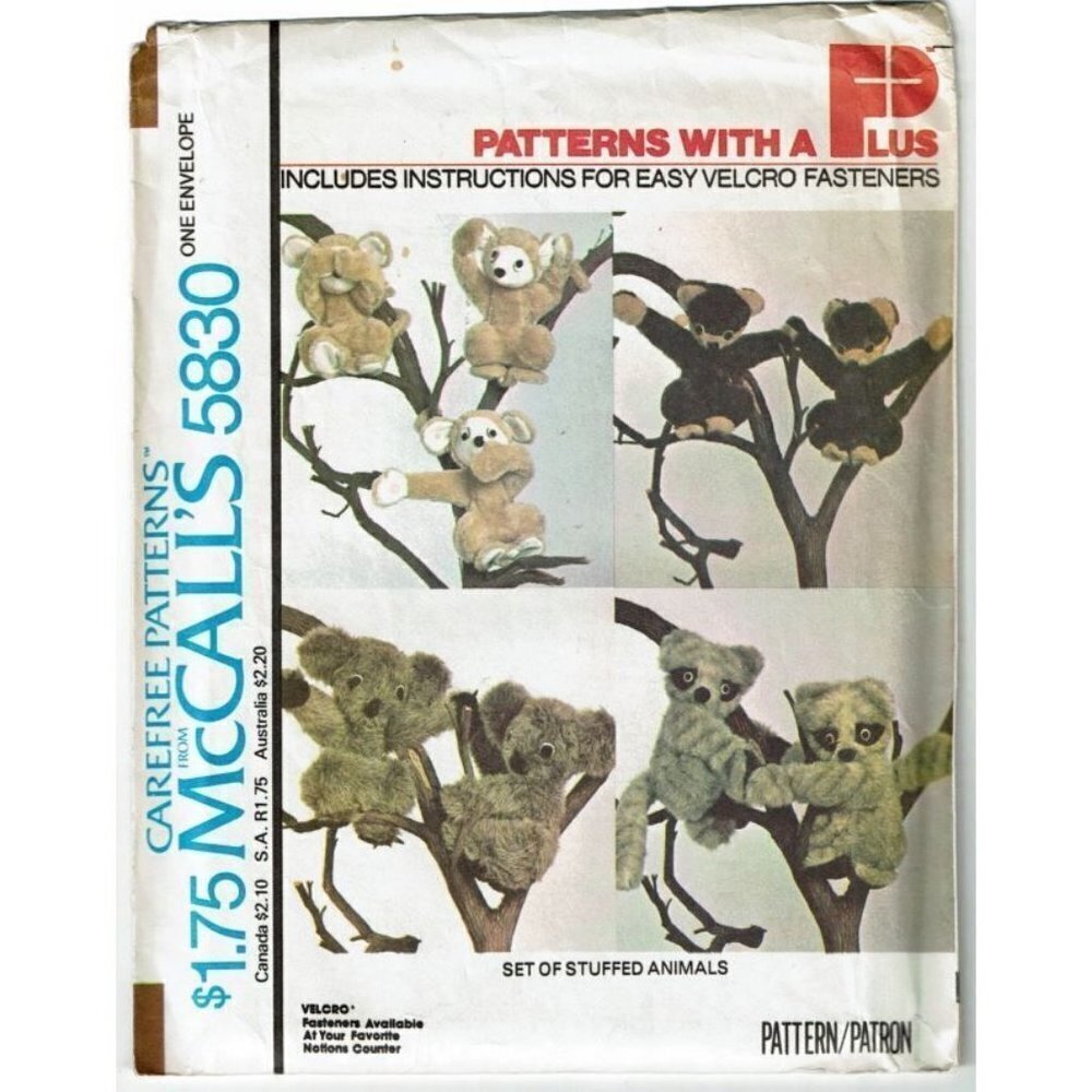McCall's Sewing Pattern 5830 Monkey Koala Racoon Bear Stuffed Animals